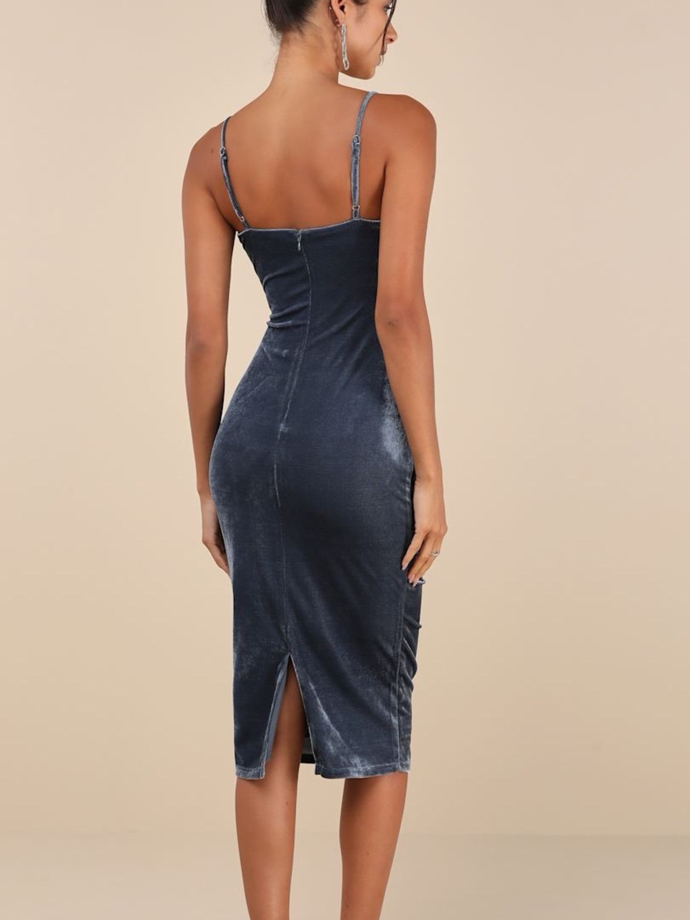 Lulus Plush Personality Slate Blue Velvet Ruched Bodycon Midi Dress Formal - Picture 2 of 13